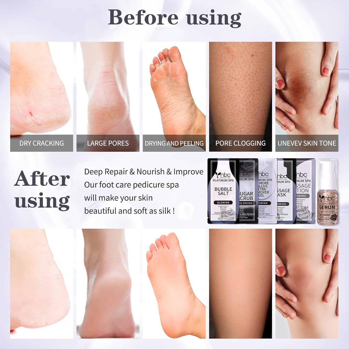 Pedicure Kit Foot Soak Set: Bubble Salt, Sugar Scrub, Massage Mask, Massage Lotion in a Box, 4 Step Foot Spa Kit for Dry Feet, Softens Calluses, Tired Feet（3 Set Lavender) - Colors B