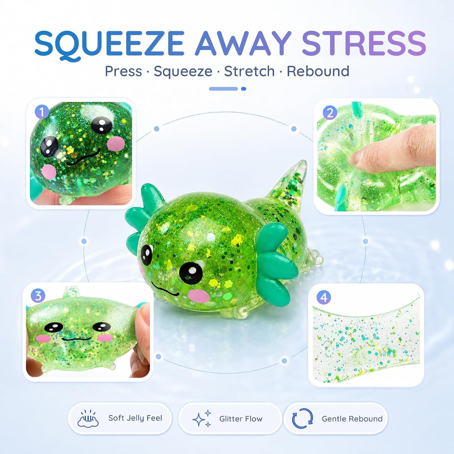 Axolotl Squishy Toy, Cute Glitter Stress Relief Fidget Toy, Soft Squeeze Sensory Toy for Kids Adults, Axolotl Squishy Stress Ball Anxiety Calming Desk Toy Party Favor Handheld Fidget (Yellow)