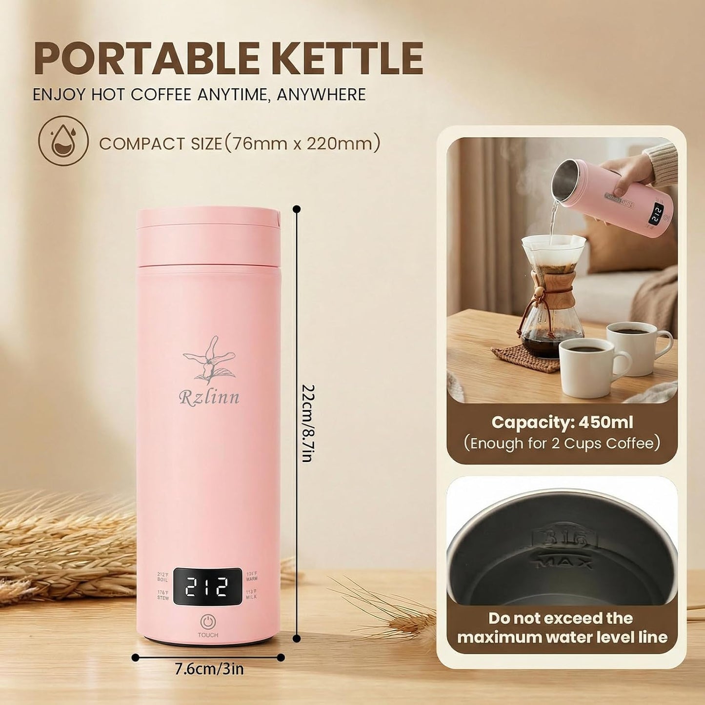 Portable Electric Kettle For Travel, 120V, 450ml, 4 Temperature Control