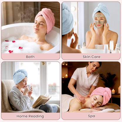 Mandydov 100% Cotton Hair Towel Wrap for Women, 2 Pack Thickened & Super Absorbent Turbans, Anti Frizz Quick Dry Hair Towels (Blue, Pink Blush)