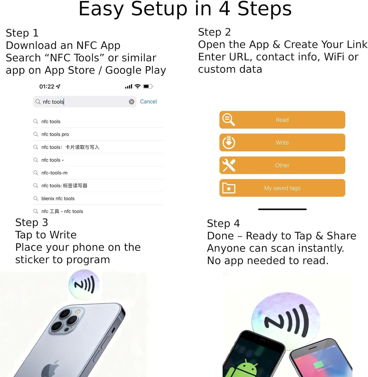 DAMILA NTAG215 Anti-Metal NFC Tags with Holographic Labels