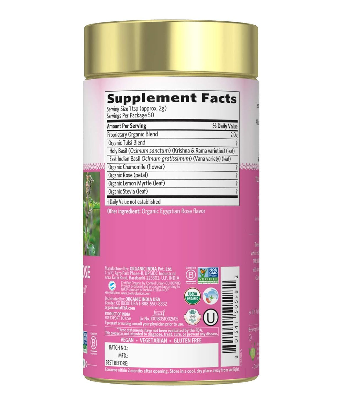 ORGANIC INDIA Tulsi Sweet Rose Herbal Tea, Holy Basil Leaf, 3.5 oz Canister