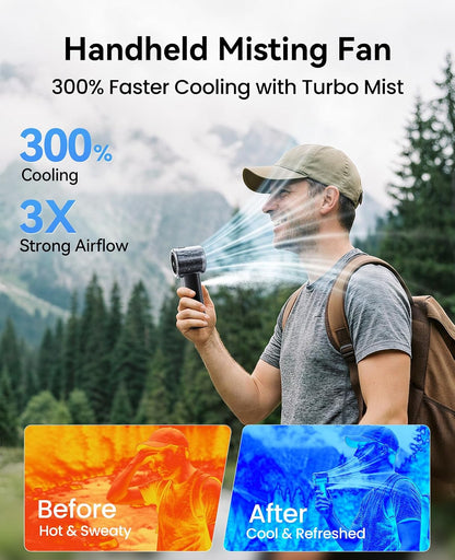 KIMMOO Portable Misting Fan, USB Rechargable Handheld Fan with Water Spray Mist, Up to 13 Hrs Cooling, 25000PRM, 100 Speeds, 50ml Water Tank, Personal Turbo Fan for Travel/Makeup/Office/Outdoor, Black