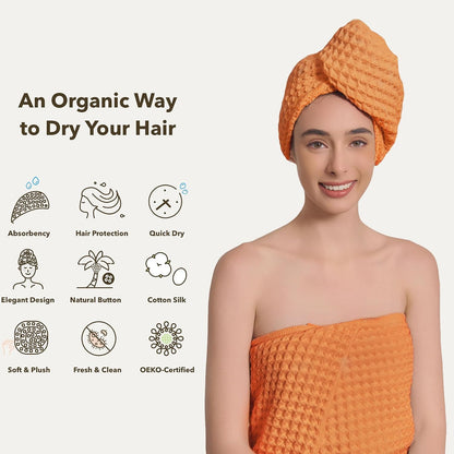 Luxury Organic Japanese Cotton Hair Drying Waffle Towel Wrap for Women | Absorbent, Quick-Dry Head Turban for Shower, Sauna, Spa | Extra Large for Long, Curly, Straight Hair With Button (White, 1 Pc)