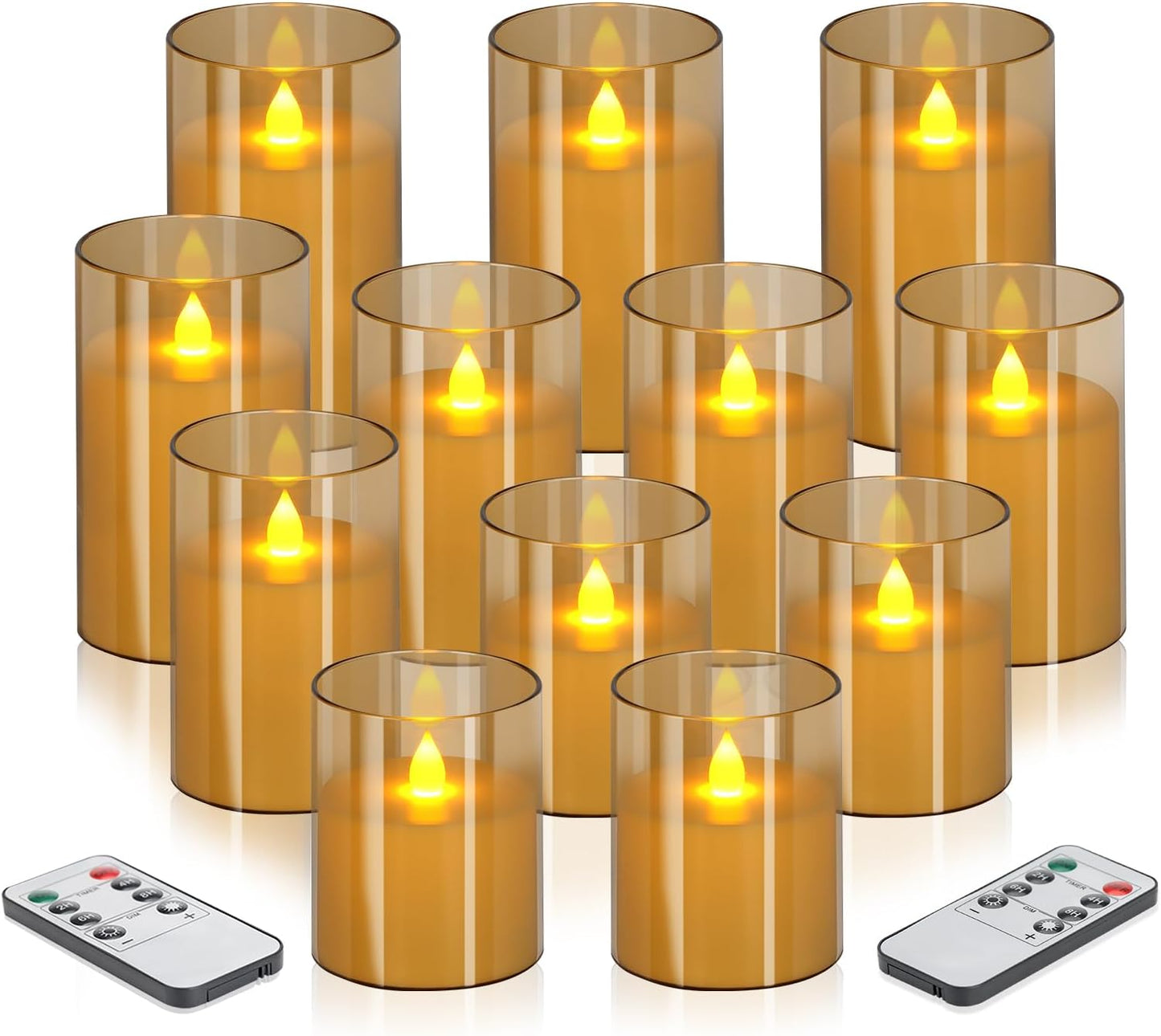 wemarry Flameless Candles 4" 5" 6" Acrylic Glass Pillars 3" Diameter Battery Operated Flickering Candles Include 8-Key Remote with Timer Function 400+ Hours (Gray, Warm Light 3 Pack)