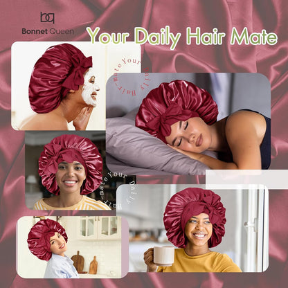 BONNET QUEEN Silk Bonnet for Sleeping for Women Satin Bonnet Night Cap for Curly Hair with Tie Band, Single Layer, Cream Pink