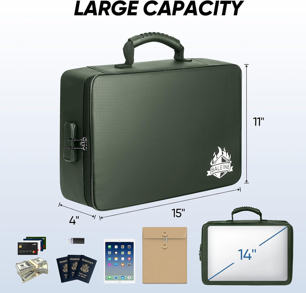 BALEINE Fireproof Document Box with Lock, Waterproof Fire Safe File Bag