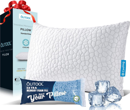 QUTOOL Cooling Pillow for Sleeping, CertiPUR-US Shredded Memory Foam Queen Pillows Set of 2, Cool Pillow for Hot Sleepers Adjustable Firm Pillow for Side, Back, Stomach Sleepers Soft Yet Support,White