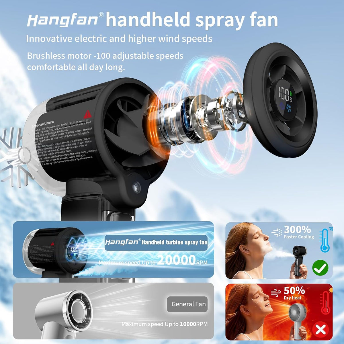 Handheld Misting Fan,20000 RPM,100 Speeds,Nano Mist,LED Display