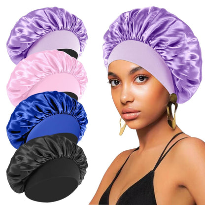 4PCS Silk Satin Bonnets for Black Women & Men - Elastic Wide Band Hair Wrap Cap for Curly Hair - Shower Cap for Sleeping (Black, Peacock Blue, Pink, Khaki)