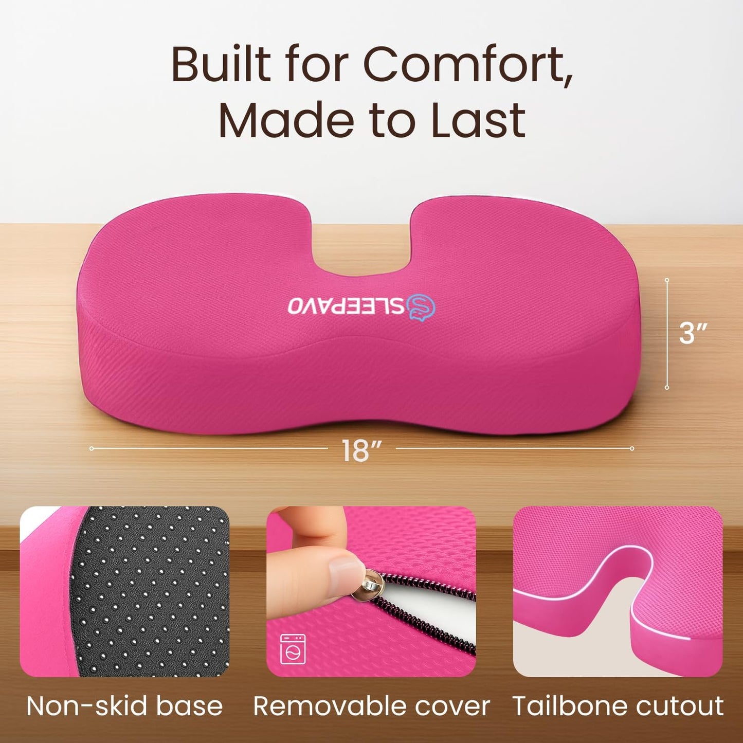 Sleepavo Office Chair Cushion - Seat Cushion for Tailbone Pain Relief - Butt Pillow for Coccyx, Sciatica, and Lower Back Pain - Orthopedic Chair Pad for Lumbar Support in Office Desk, Car, Airplane
