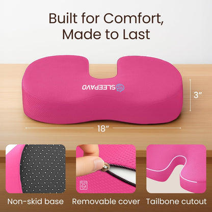 Sleepavo Office Chair Cushion - Seat Cushion for Tailbone Pain Relief - Butt Pillow for Coccyx, Sciatica, and Lower Back Pain - Orthopedic Chair Pad for Lumbar Support in Office Desk, Car, Airplane