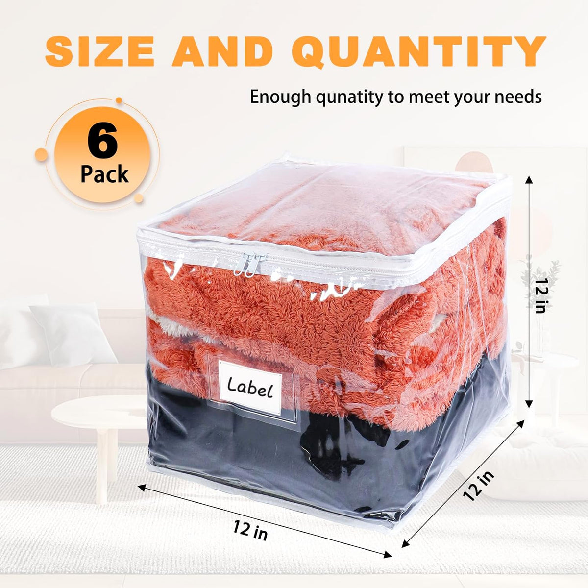Clear Zippered Plastic Clothes Storage Bags, 6 Pack, White