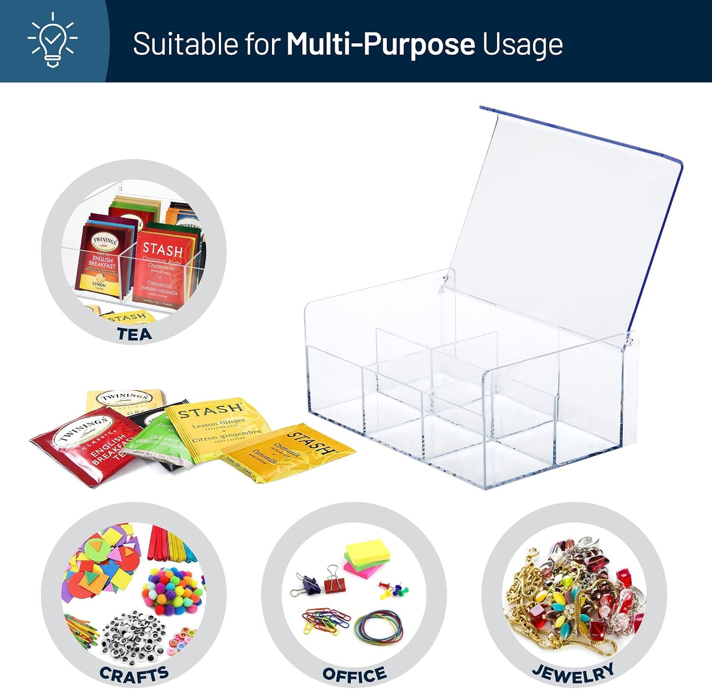 RoyalHouse Acrylic Tea Bag Holder Storage Organizer, 6 Compartment BPA Free Clear Plastic Tea Box with Lid, Multi-Purpose storage Box for Tea Bags, Office Supplies, Crafts, and Small Items.
