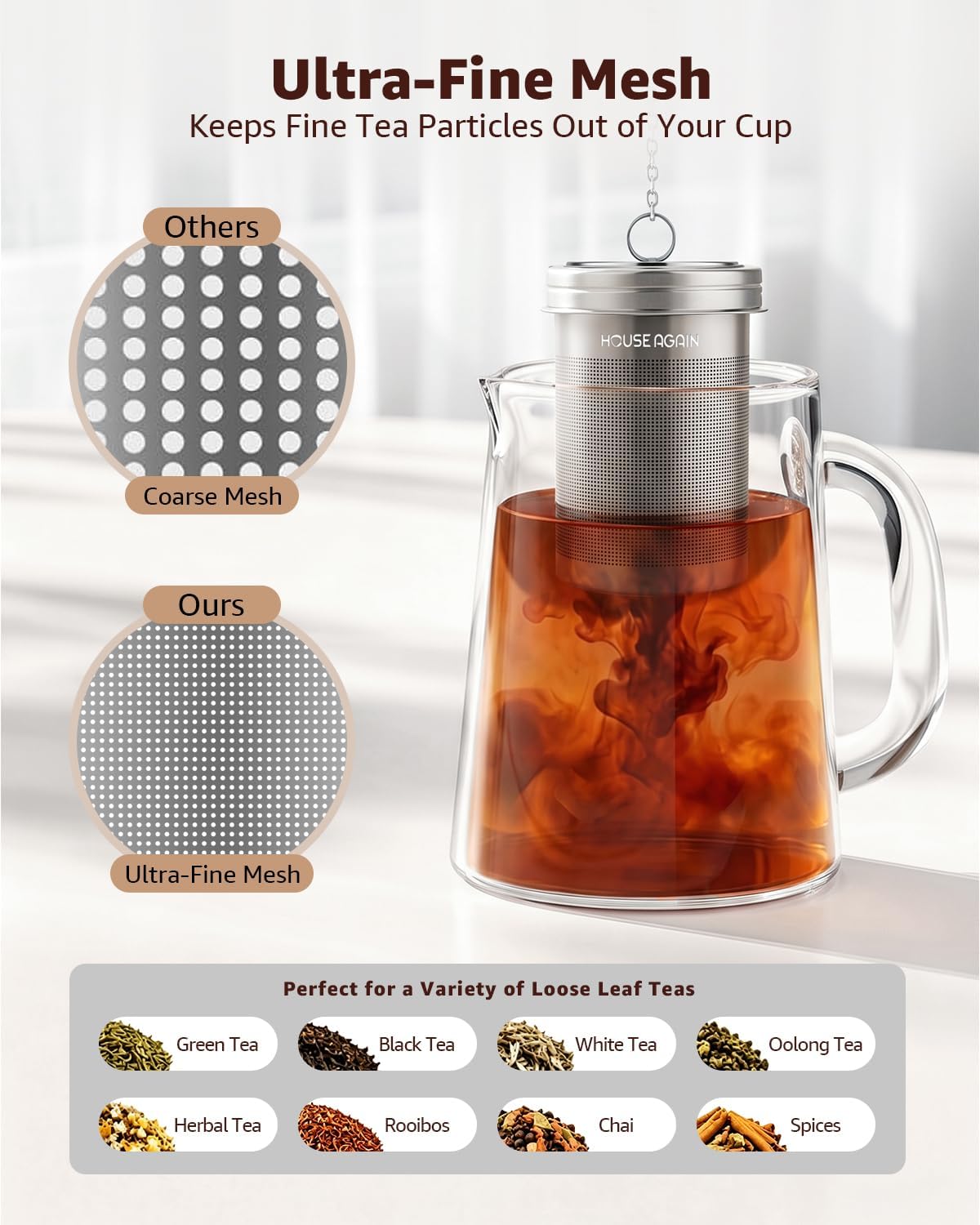 HOUSE AGAIN Tea Infuser, Extra Fine Mesh Tea Infusers for Loose Tea, 18/8 Stainless Steel Tea Strainer with Extended Chain Hook, Tea Steeper for Brew Tea, Spices & Seasonings Small × 2