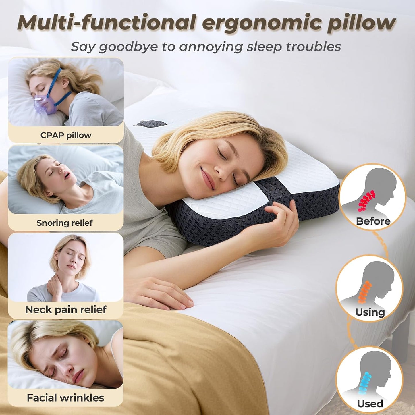 Anti-Snoring Pillow for Side Sleepers, Memory Foam Pillow for Snoring Relief, Upgrade Multifunctional Ergonomic Design for Side Sleeper - Black