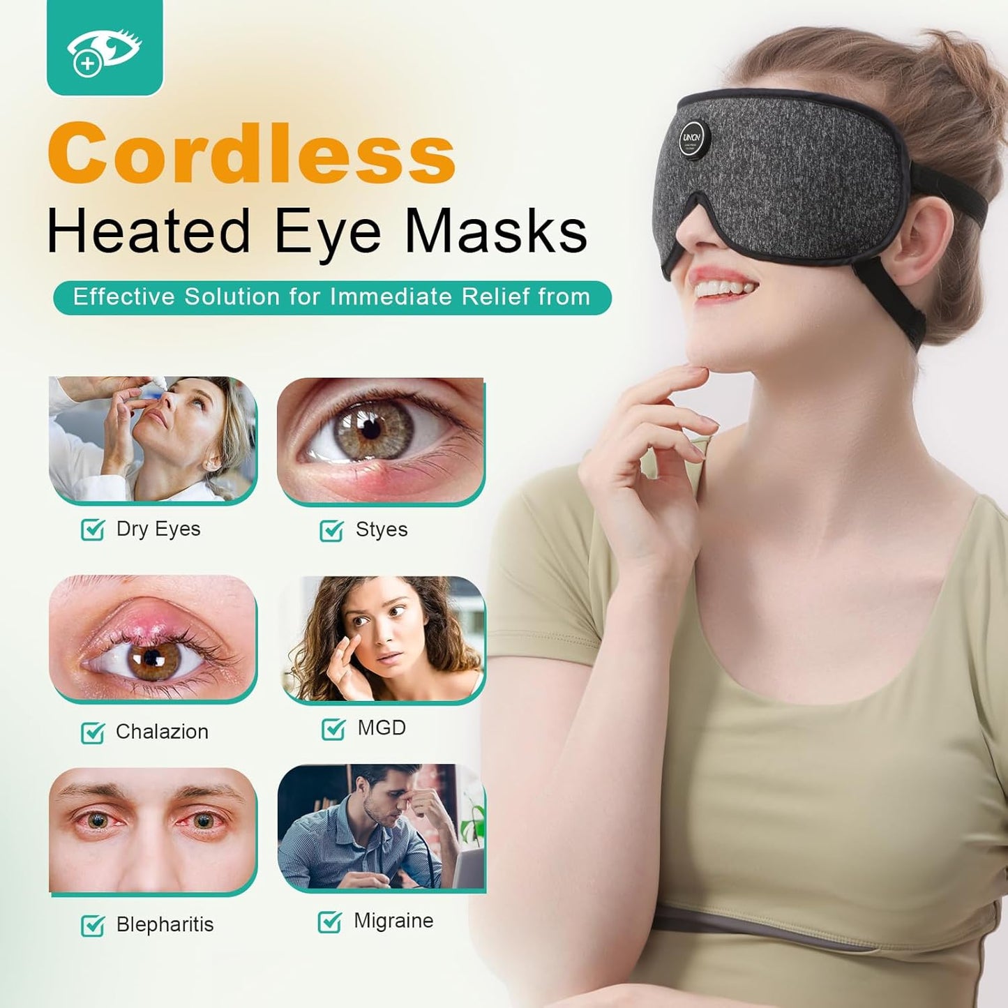 Heated Eye Mask Cordless Warm Eye Compresses for Dry Eyes, Rechargeable Eye Heating Pad with 4 Temperature Settings, Auto Off