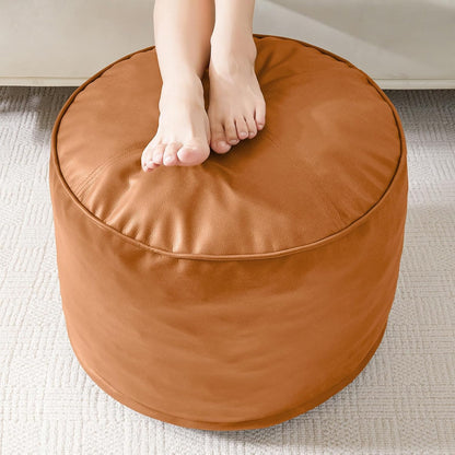 HIGOGOGO Round Stuffed Pouf Ottoman, Pu Leather Poufs with Foam Chunk Filling, Furry and Fluffy Pouf Foot Stool Storage Ottoman, 20 X 15 Floor Poufs Foot Rest for Living Room,Dark Brown