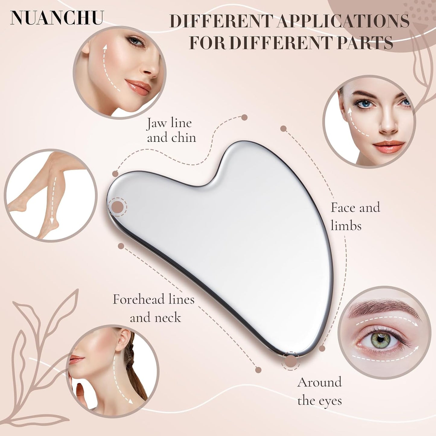 Nuanchu Stainless Steel Gua Sha Facial Tool, Metal Gua Sha for Lymphatic Drainage, Guasha Face Sculpting Double Chin Reduce with Pouch Self Care Gift(304 Stainless Steel,Silver)