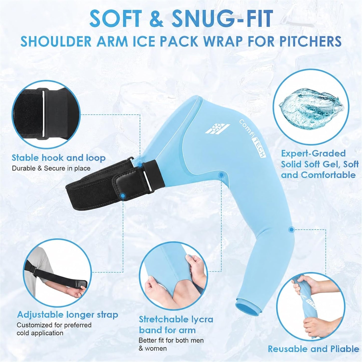 ComfiTECH Shoulder Arm Ice Pack Wrap for Pitchers & Volleyball Players, Reusable Ice Pack for Shoulder & Elbow & Arm Cooling, Adjustable Ice Arm Sleeve for Post-Training Recovery & Muscle Comfort, S