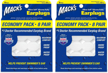 Mack's Pillow Soft Silicone Earplugs, 8 Pair - The Original Moldable Silicone Putty Ear Plugs for Sleeping, Snoring, Swimming, Travel, Concerts and Studying | Made in USA