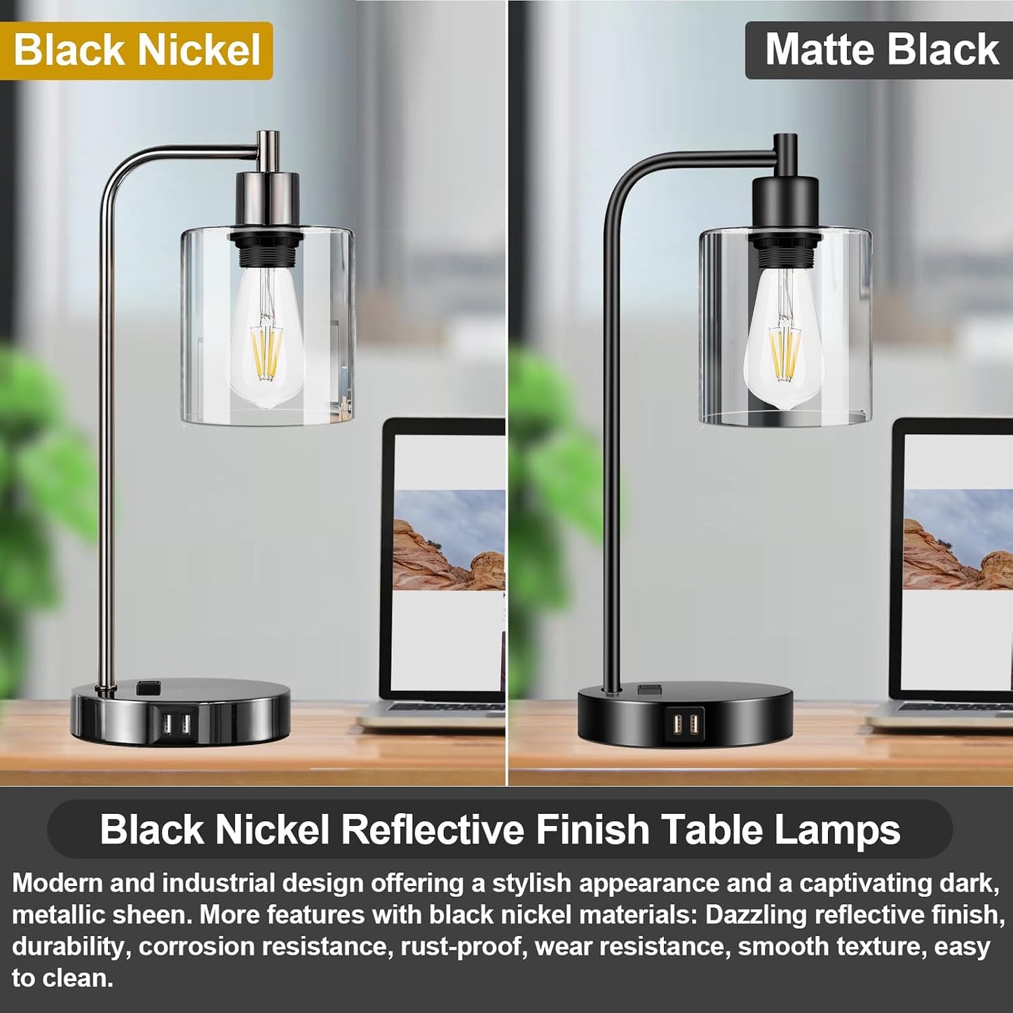 Set of 2 Industrial Touch Control Table Lamps with USB C+A Ports and AC Outlet - 3-Way Dimmable Black Bedside Lamps Nightstand Desk Lamps for Bedroom Living Room, Glass Shade & 2 LED Bulbs Included