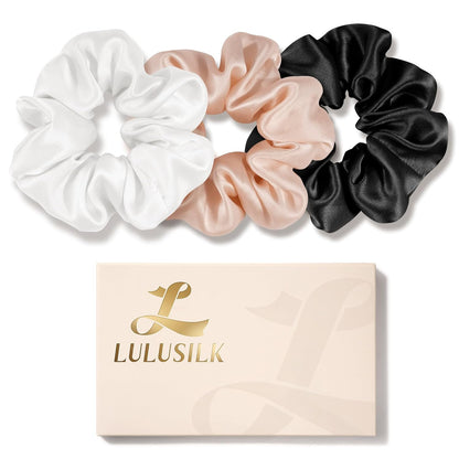 LULUSILK Silk Scrunchies for Hair Sleep, 100% Real Mulberry Silk, No Damage Hair Ties for Women and Girls, Classic Black, Pack of 3