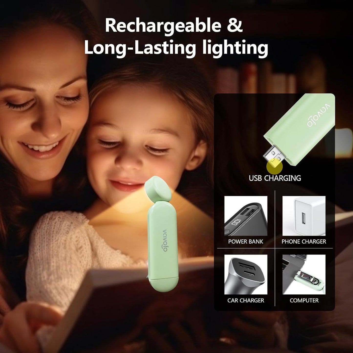 VAVOFO USB Rechargeable Book Light, Blue Light Blocking, Amber Clip-On Bookmark Shaped Reading Light, Eye Care 6 LEDs With 9 Lighting Modes for Bookworms (Grey)