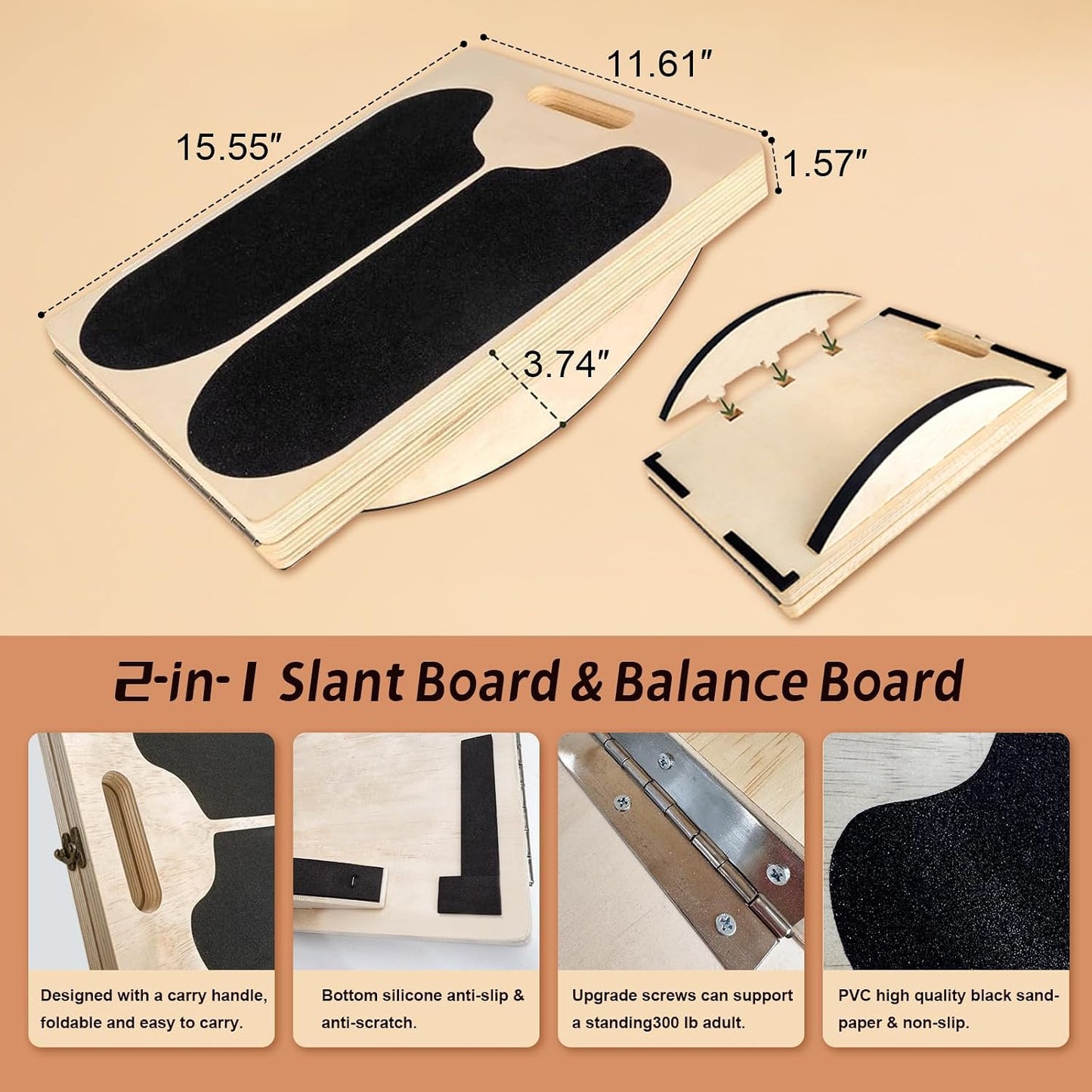 ZALL Wooden 2-in-1 Slant & Balance Board, Adjustable Wobble Design for Calf Stretch Exercise, Knee Ankle Heel Foot Pain Relief