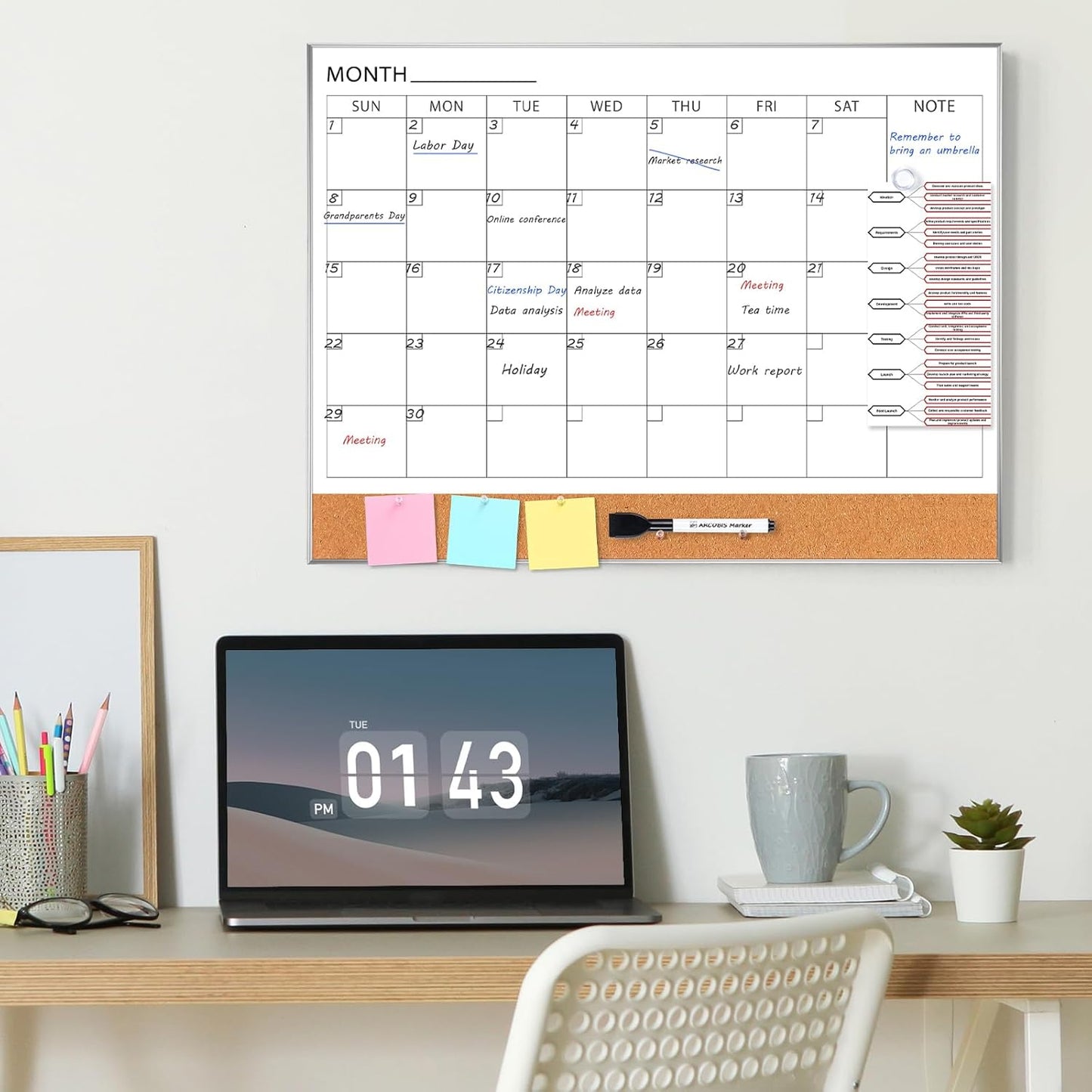 ARCOBIS Dry Erase Calendar with Cork Board for Wall, 24"x 18" Magnetic Calendar Whiteboard with Black Frame, Monthly Combination Board for School, Home, Office