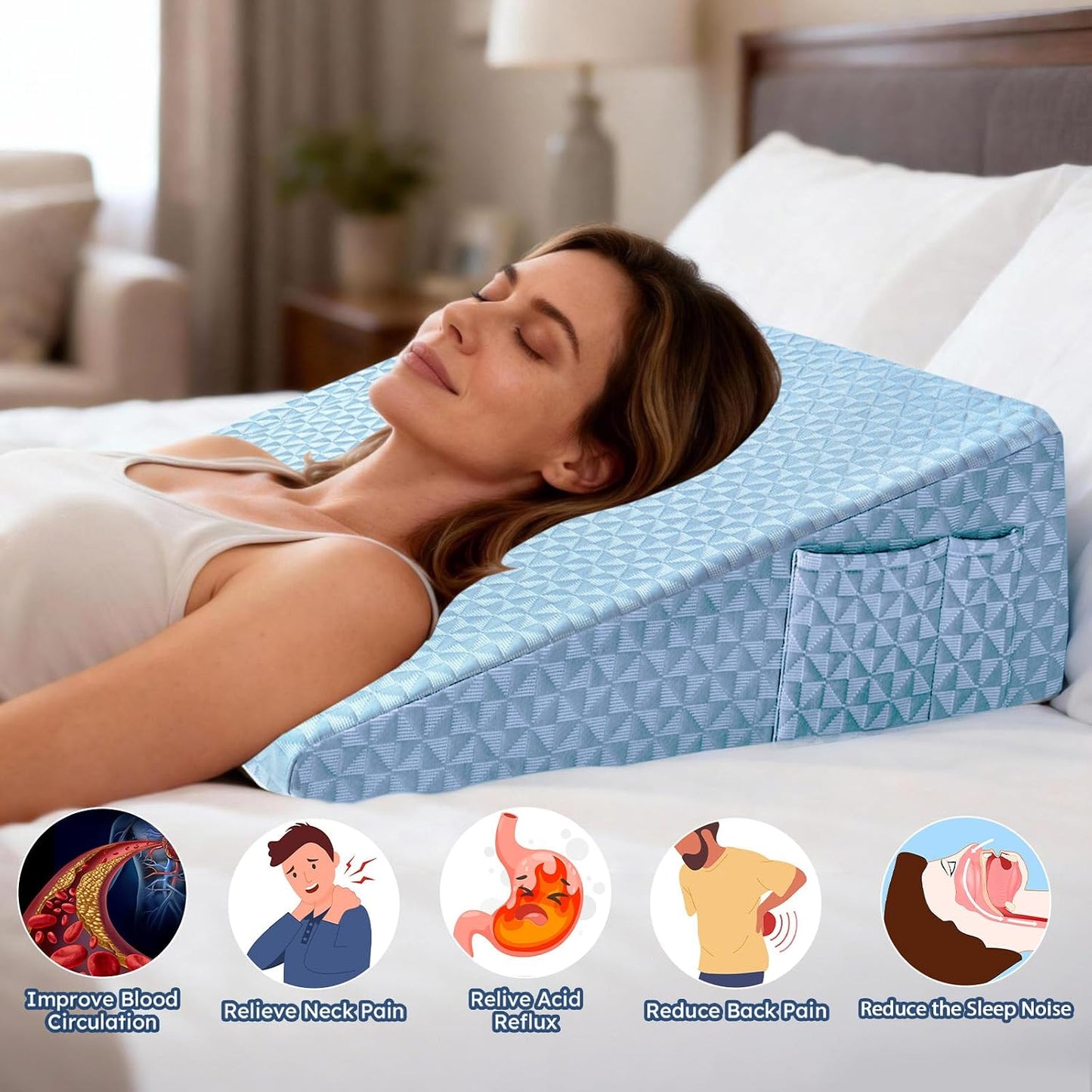Wedge Pillow for Sleeping, 7.5" Bed Wedge After Surgery, Back Pain Relief, Memory Foam Pillow Triangle Incline Wedge for Back Support, Leg Elevation