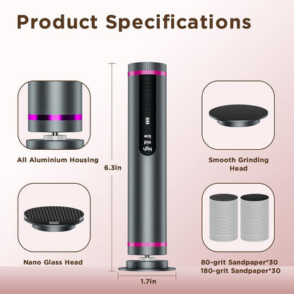 Electric Foot Callus Remover with Nano-Glass Head & 60Pcs Sandpaper Discs, 4 Hours Run Time, Electric Callus Remover for Feet with 3 Adjustable Speeds, Pedicure Tools for Dry Dead Skin Cracked Heels