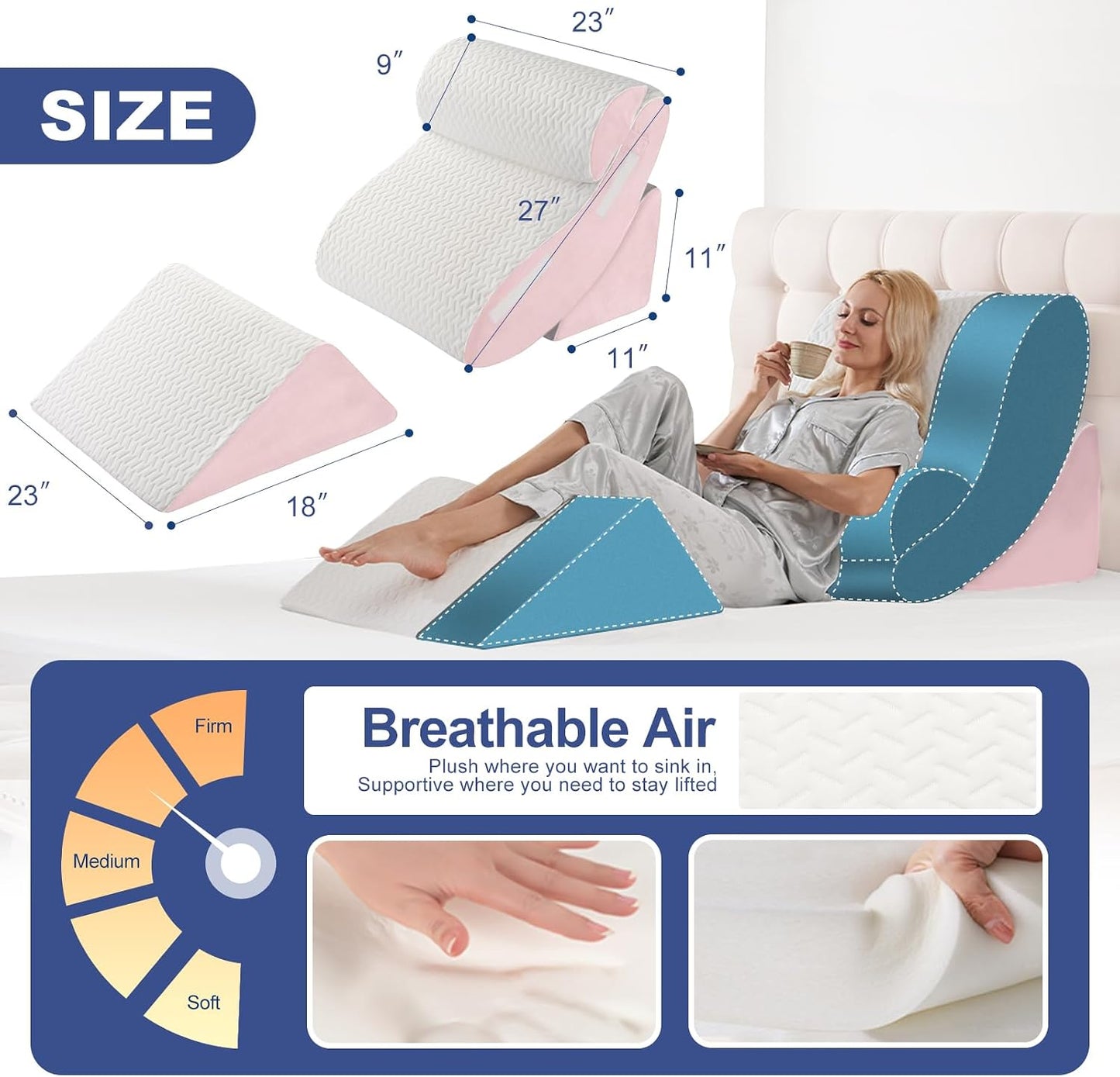 4PCS Orthopedic Bed Wedge Pillow Set for Sleeping, Post Surgery Foam Support Pillows for Back, Neck and Leg Pain Relief, Adjustable Triangle Pillow – Acid Reflux, GERD & Snoring Recovery, White Grey