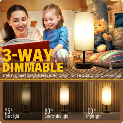 Yarra-Decor Bedside Lamps with USB Port - Touch Control Table Lamp for Bedroom Wood 3 Way Dimmable Nightstand Lamp Set of 2 with Round Flaxen Fabric Shade for Living Room, Dorm, Home Office (2 Pack)