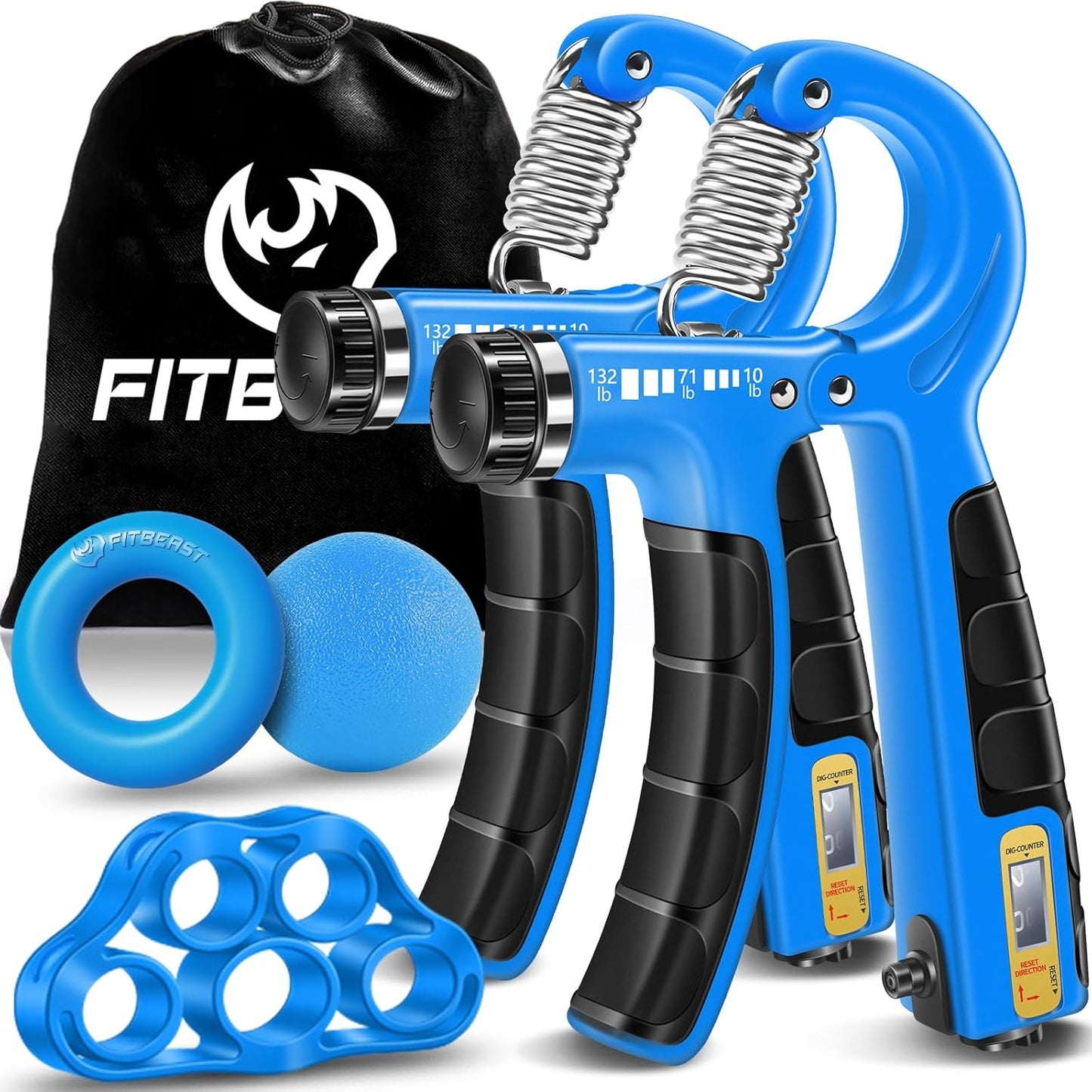 FitBeast Hand Grip Strengthener Workout Kit (5 Pack), 2 Forearm Grip Adjustable Resistance Hand Gripper, Finger Stretcher, Grip Ring & Stress Relief Grip Ball for Athletes