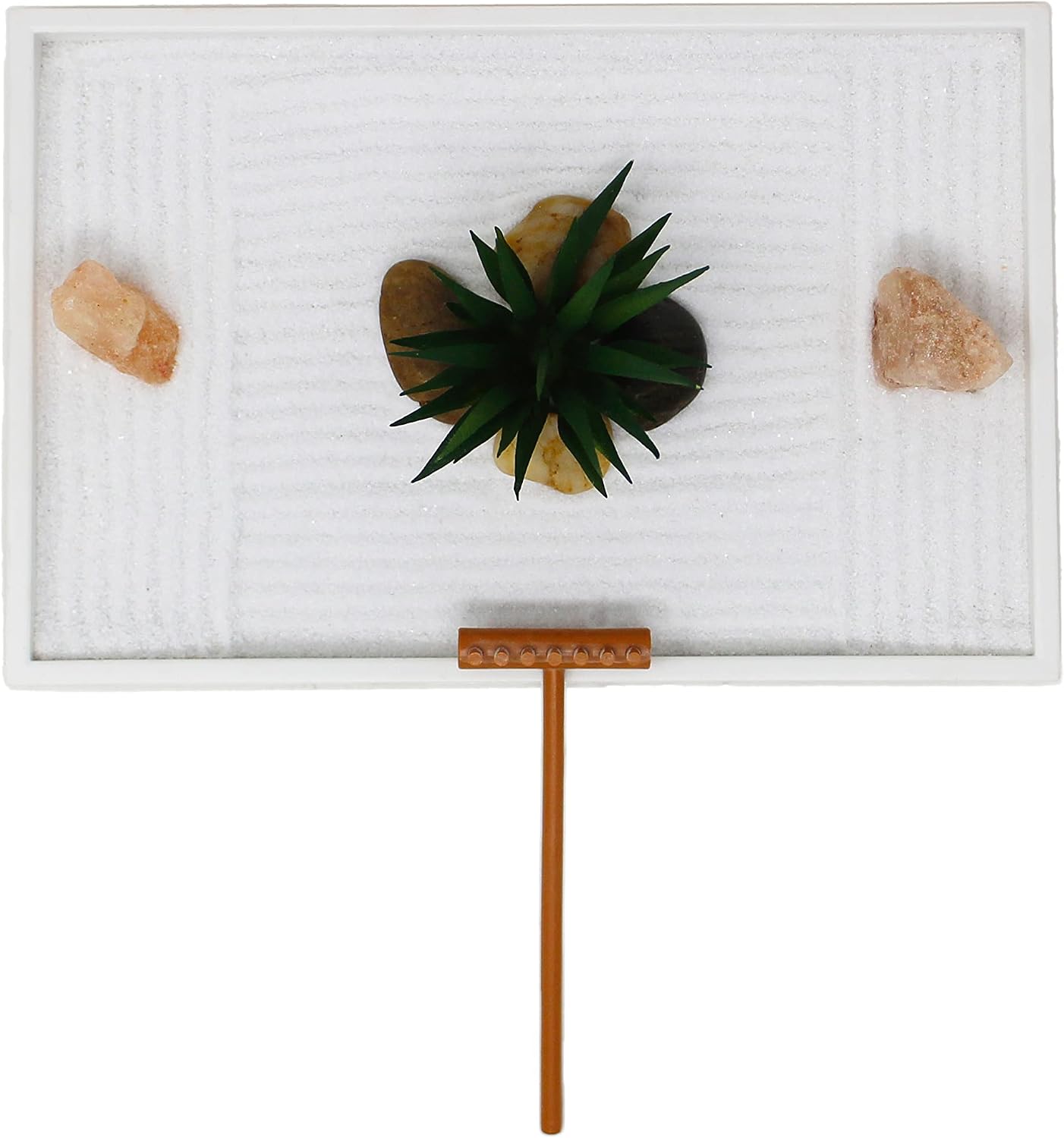 Nature's Mark Mini Zen Garden Kit for Desk with White Sand, Rake, White Base, Salt Rock and Air Plant (Round)