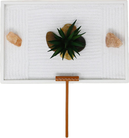 Nature's Mark Mini Zen Garden Kit for Desk with White Sand, Rake, White Base, Salt Rock and Air Plant (Round)
