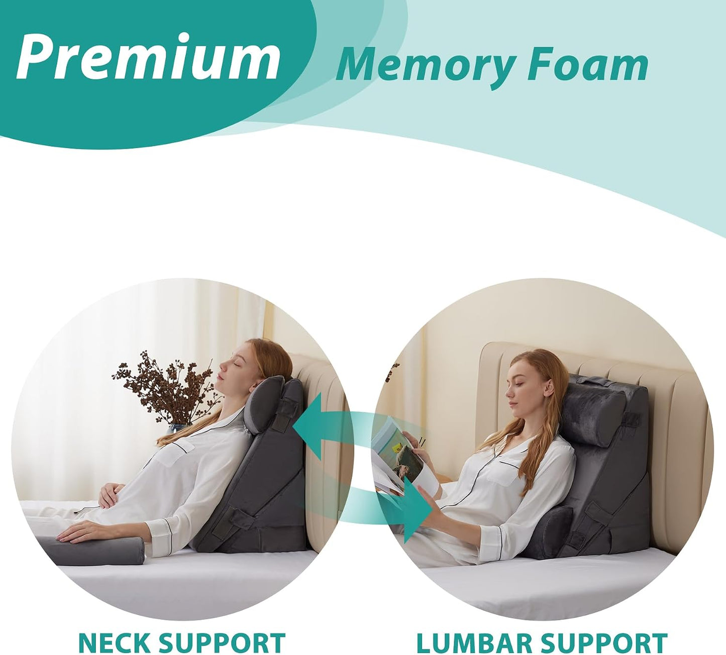 Bedluxe Wedge Pillow Headboard, 3PCS Orthopedic Bed Wedge Pillows Set for After Surgery, Adjustable Pillow Wedge for Acid Reflux&Back Pain Relief, Sleeping, Back Pillow for Bed Sitting Up, White/Grey