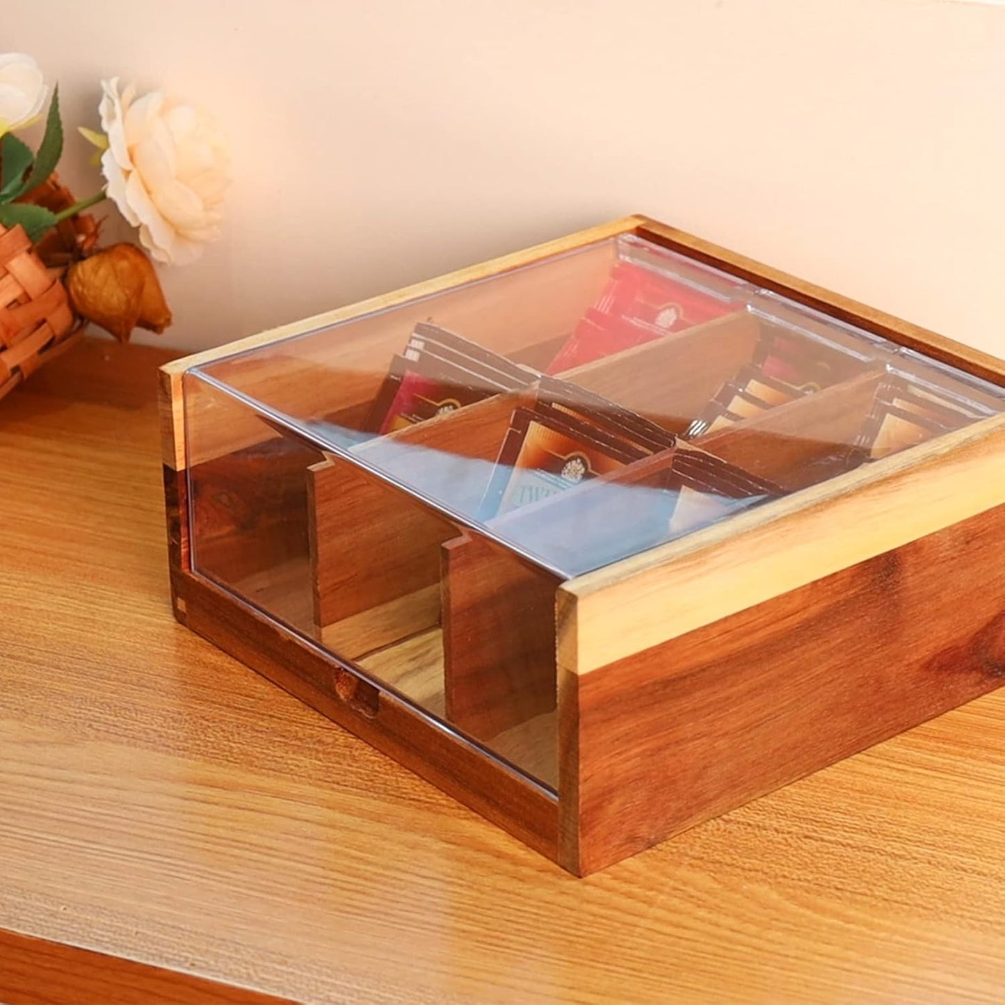 HTB Acacia Wood Tea Bag Organizer Storage, Gift Box 6 Compartments Tea Chest Box with Acrylic Transparent Hinged Lid