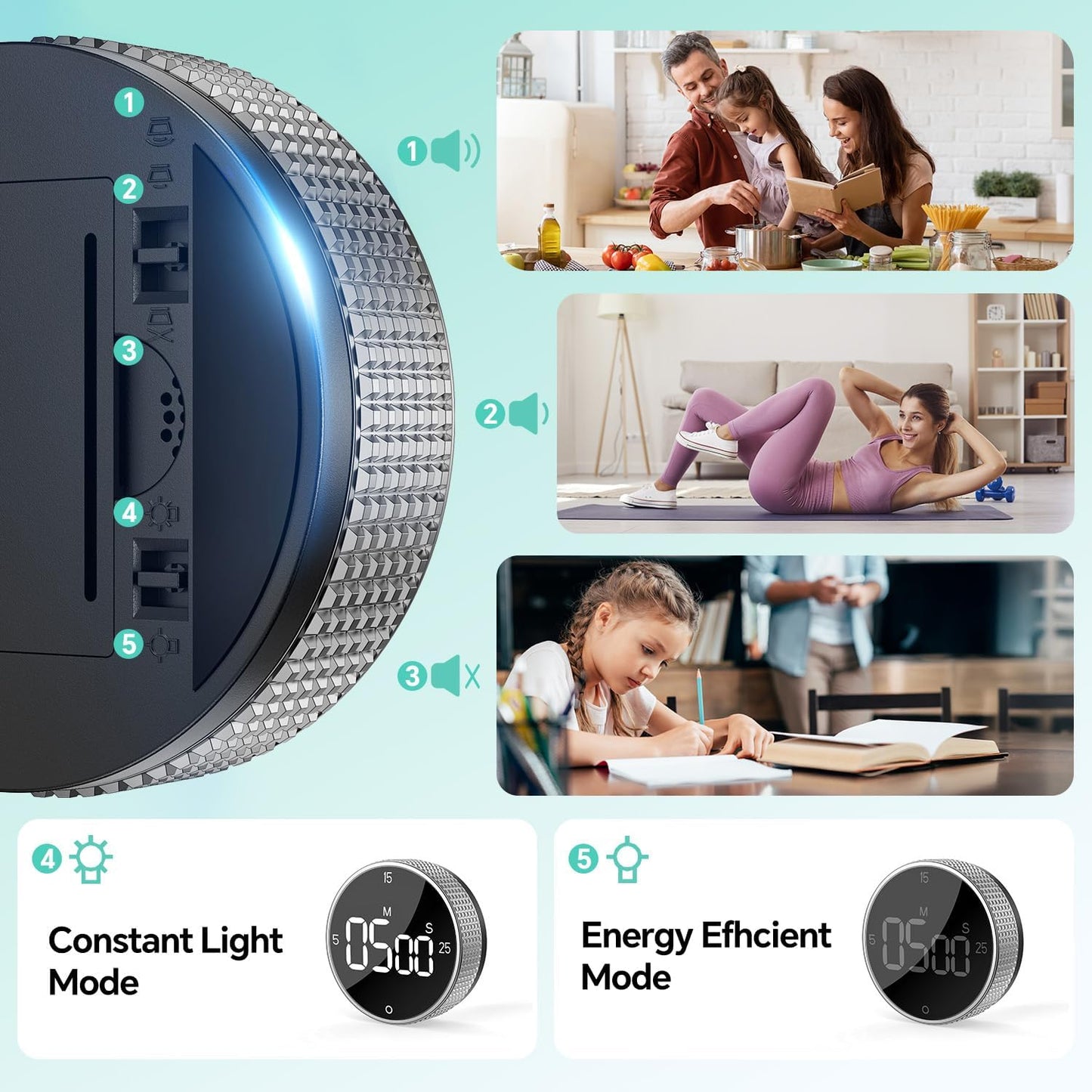 Digital Magnetic Kitchen Timer for Cooking, Large LED Countdown Timer, Rotating Pomodoro Timer, Volume Adjustable, 5/15/25 Min Presets for Kitchen, Baking Grilling Studying