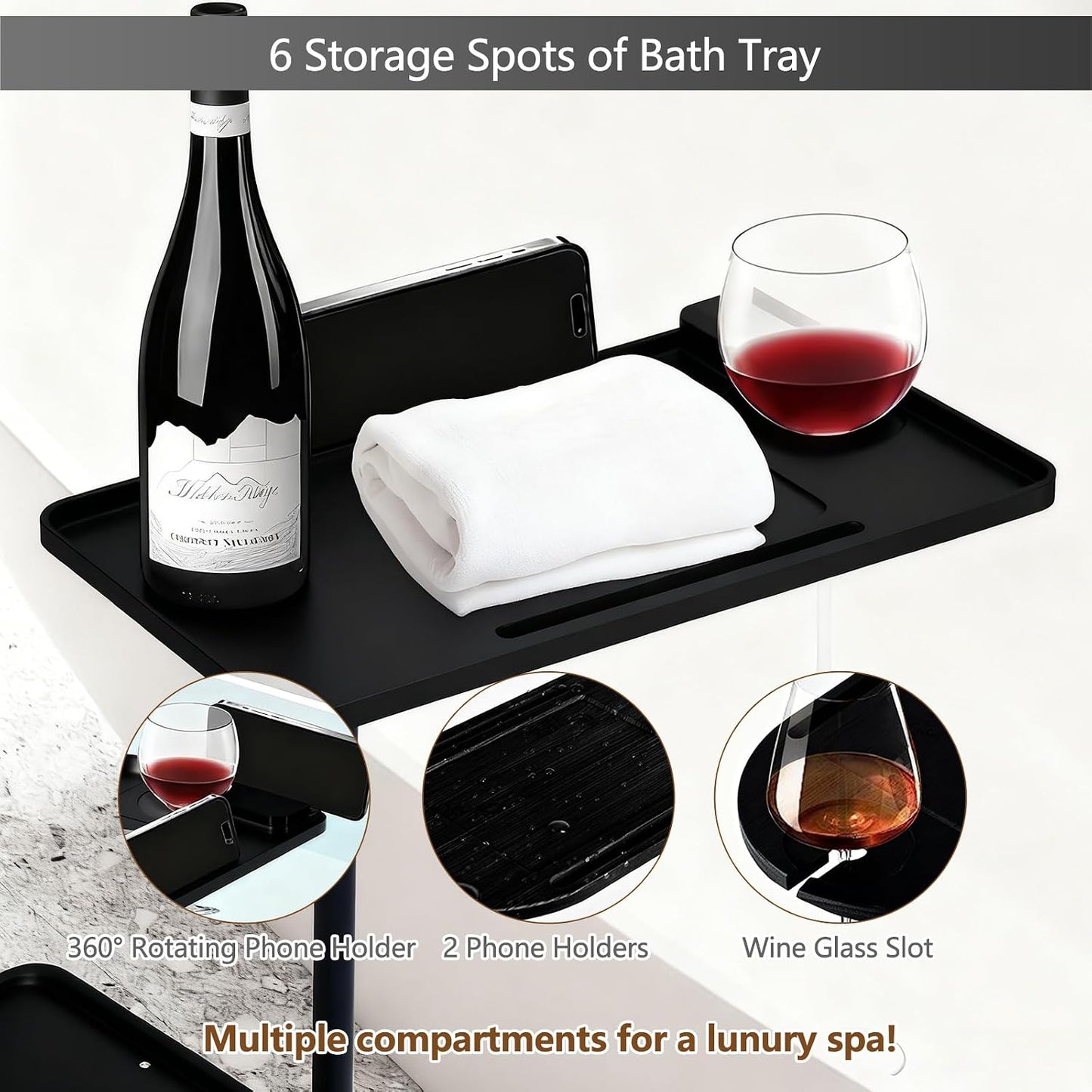 3 Layer Bathtub Tray Table,Bamboo Swivel Bathtub Side Table Height Adjustable,Freestanding Bathtub Tray for Tub Against Wall,Bathtub Accessories&Bathroom Organizer for Luxury Home Spa (Black)