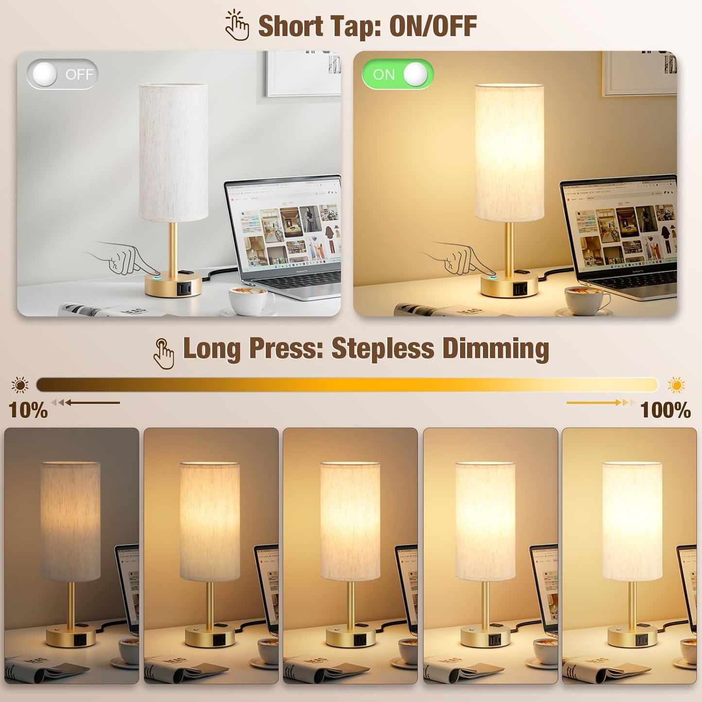 Touch Bedside Table Lamp with Memory - Stepless Dimmable Lamp for Bedroom, Small Nightstand Lamp with Dual USB Charging Ports and AC Outlet, Wood Night Light, Desk Lamp for Nursery, Living Room, Dorm