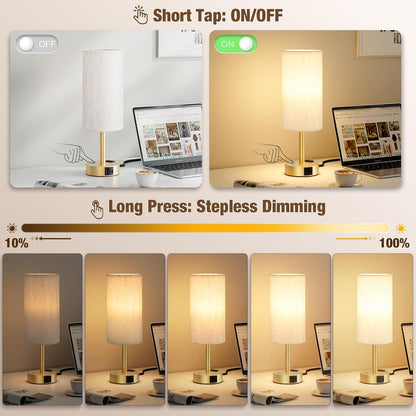 Touch Bedside Table Lamp with Memory - Stepless Dimmable Lamp for Bedroom, Small Nightstand Lamp with Dual USB Charging Ports and AC Outlet, Wood Night Light, Desk Lamp for Nursery, Living Room, Dorm