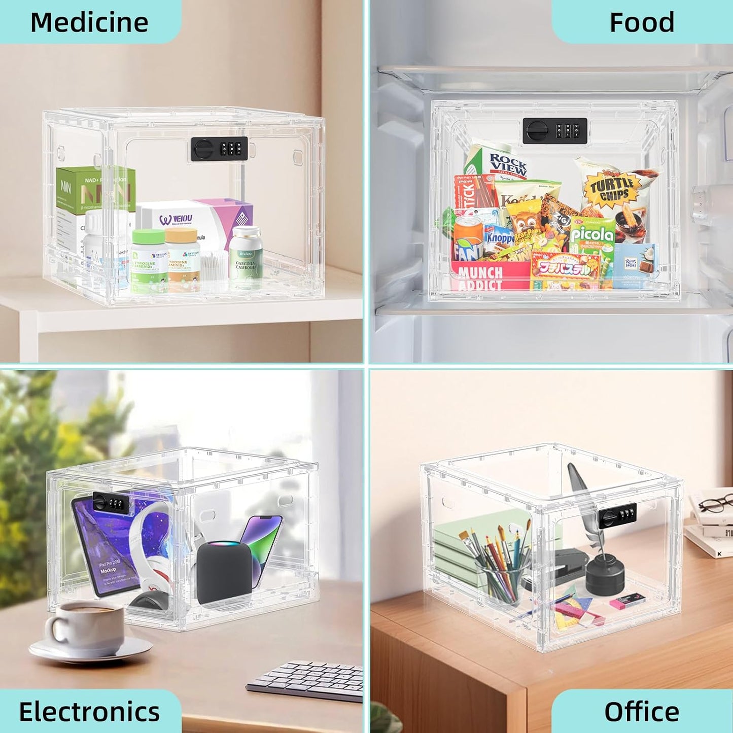 HOLYHY Medication Lock Box with Code, 10 Qt Large Medicine Lock Box for Medication, Clear Lockable Storage Box for Pills, Vitamins, Snacks, Phones, Fridge, Pantry, Dorm, Office and Home
