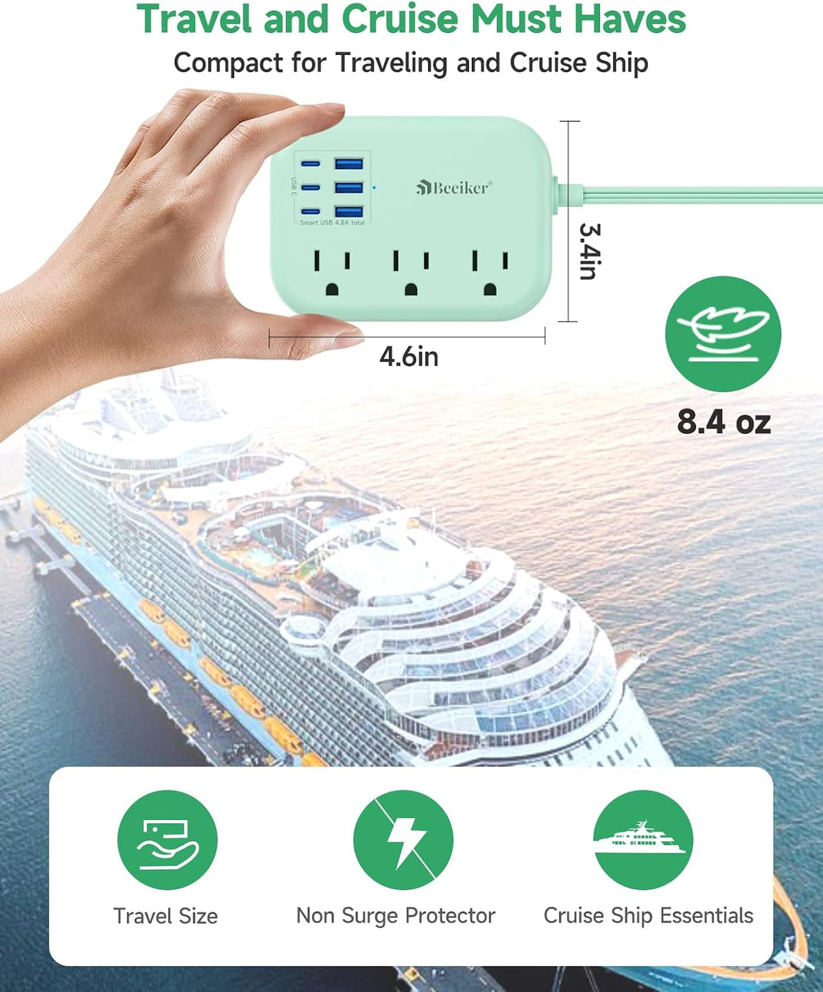 6 USB(3 USB C) Power Strip- Travel Power Strip with 6 USB Desktop Charging Station 24W/4.8A and 3 Outlets, 5Ft Flat Plug Braided Extension Cord, Non Surge Protector for Cruise Ship Travel Office Dorm