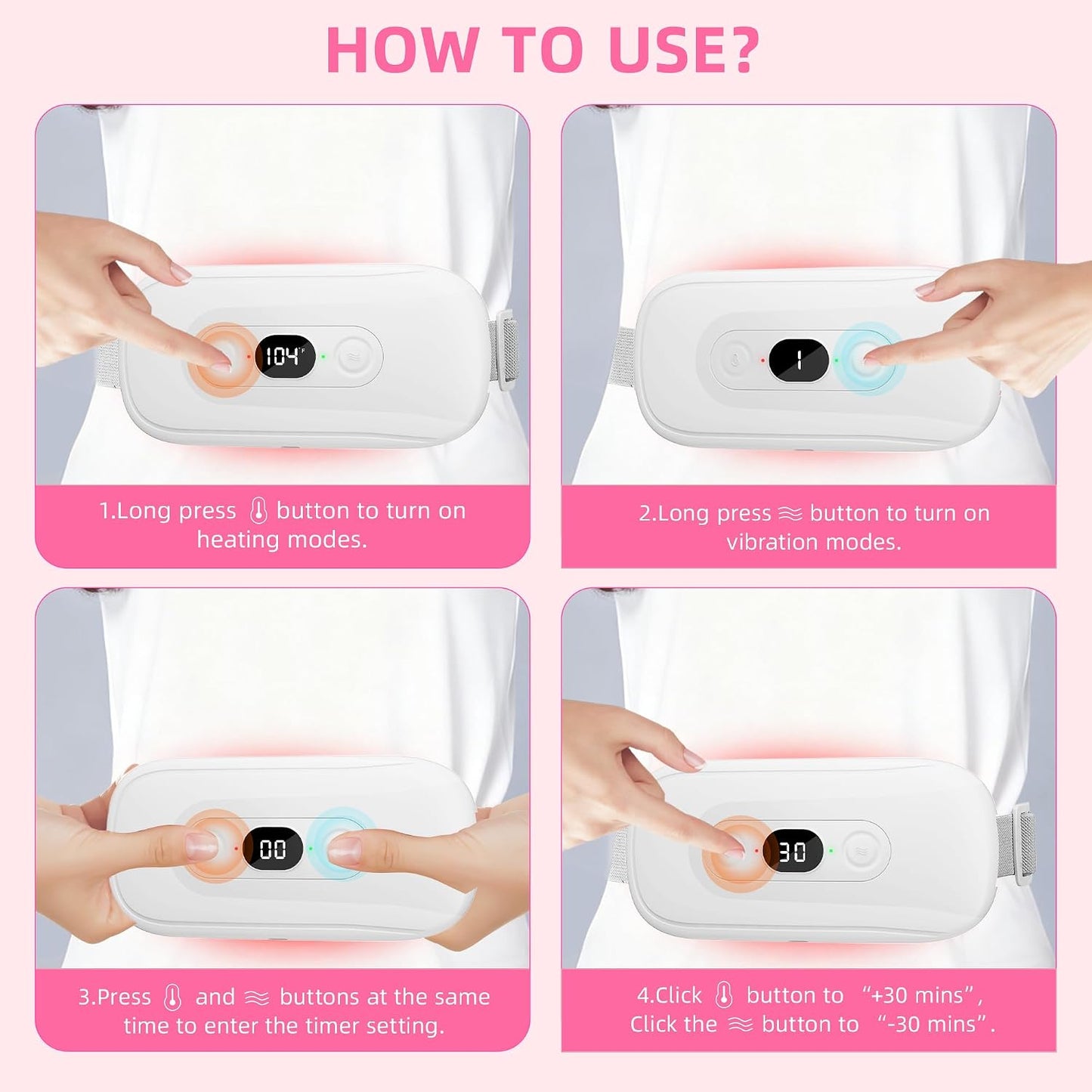 Portable Heating Pad: 2 Timer 6 Heat Levels 6 Vibration Modes Cordless Electric Heating Pad 3s Fast Heating Travel Heating Pad Gifts for Women Christmas Birthday Pink