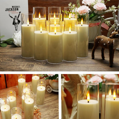 kakoya Flickering Flameless Candles Battery Operated with Remote and 2/4/6/8 H Timer Acrylic Led Pillar Candles Pack of 9 (appr D2.3"xH5.5"6.5"7.5")with Realistic 3D Wick Candles for Home Decor(White)
