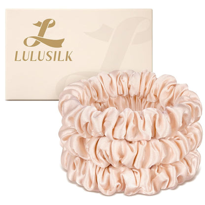 LULUSILK Small Silk Hair Ties No Damage, 100% Real Mulberry Silk, Skinny Scrunchies Ponytail Holders for Thin Fine Hair, Brown, Pack of 3