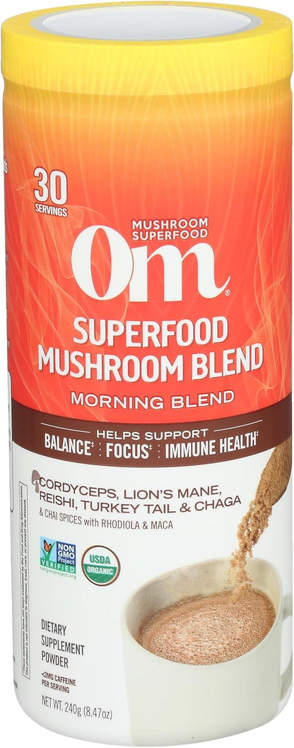 OM MUSHROOM SUPERFOOD Matcha Latte Blend – Green Tea Mushroom Powder with Lion’s Mane, Reishi, Chaga & Turkey Tail – Focus, Calm & Stress Support – 8.47 oz Canister (30 Servings)