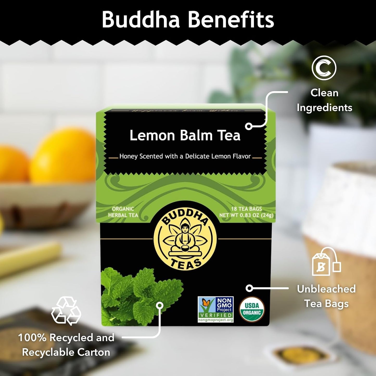 Buddha Teas Organic Lemon Balm - OU Kosher, USDA Organic, CCOF, 18 Bleach-Free Tea Bags